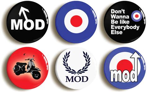 mod badges buttons pins set of six 1960s retro sixties fancy dress costume 1inch 25mm diameter