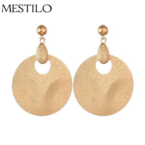 Mestilo Vinatge Exaggeration Geometric Big Drop Earrings Large Gold Metal Scrub Round Circle