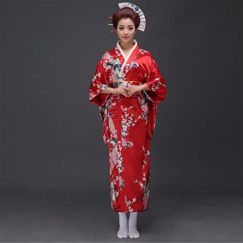 Red Peafowl Japanese Kimono Womens Polyester Satin Kimono Yukata Evening Dress Haori Kimono