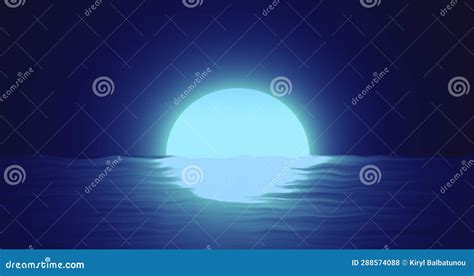 Abstract Blue Moon Over Water Sea And Horizon With Reflections Stock