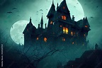 Haunted Gothic castle at night. Old spooky house in full moon. Creepy ...