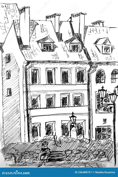 Riga Latvia Old Town Monochrome Black And White Drawing Travel