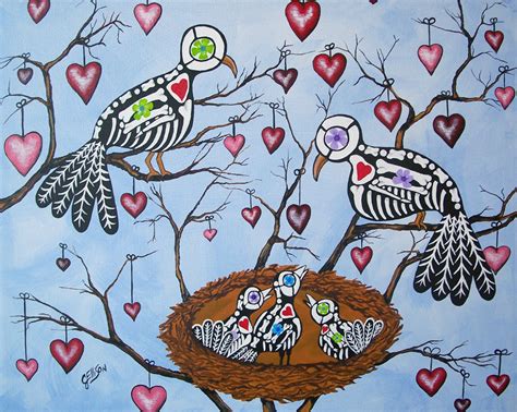 Original Mex Folk Art Day Of The Dead Love Birds Nest New Painting