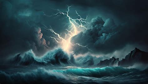Premium Photo Bright Lightning In A Raging Sea A Strong Storm In The