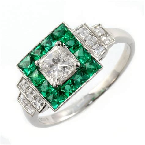 Art deco rectangular cut emerald & diamond vintage ring | erstwhile. Platinum emerald & diamond square art deco style ring ...