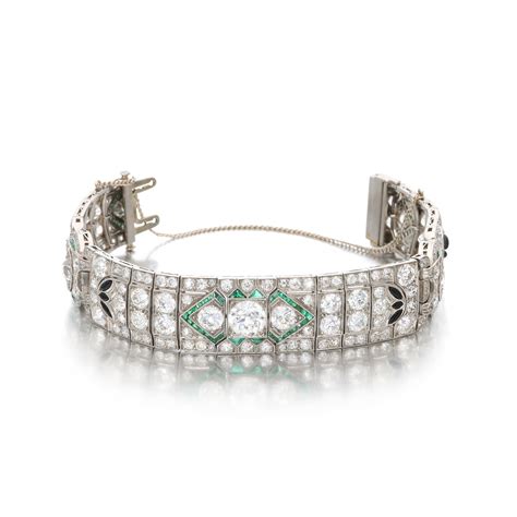Antique Platinum Diamond Emerald And Onyx Art Deco Bracelet Available