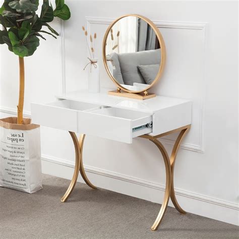 Bathroom canisters glass with dark metal top dining table sets. White Wood Makeup Table with Round Mirror & Chair Set Gold ...