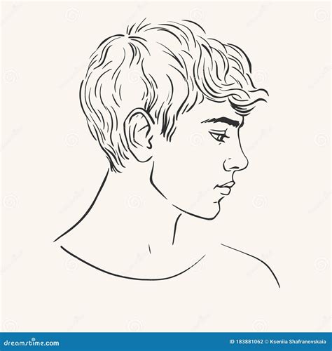 Profile Of Young Man With Short Curly Hair Hand Drawn Vector