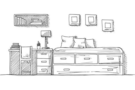 Bedroom Black White Graphic Art Interior Sketch Illustration Vector