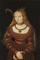 a painting of a woman in red and white dress with long hair wearing a tiara