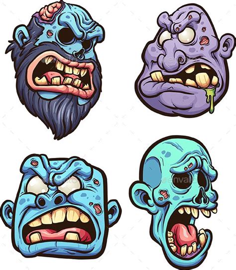 cartoon zombie heads vector clip art illustration with simple gradients each on a separate