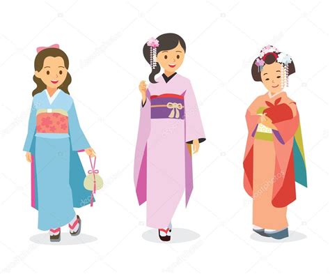 Vector Cartoon Illustration Cute Girls In Japanese Traditional Costume