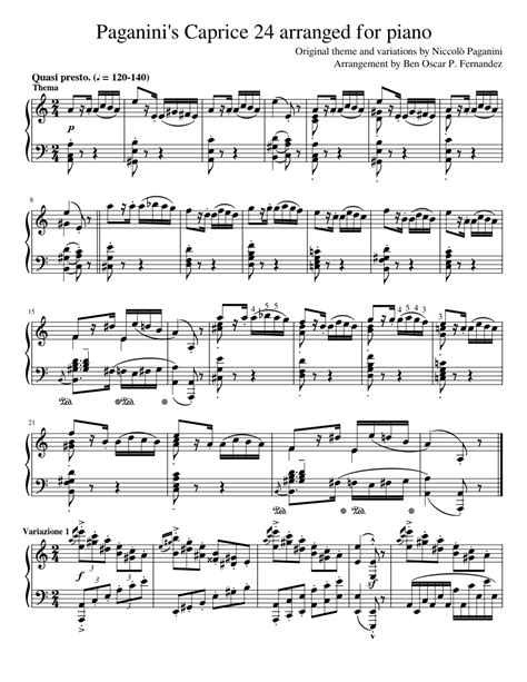 Paganinis Caprice 24 Arranged For Piano Sheet Music For Piano Solo
