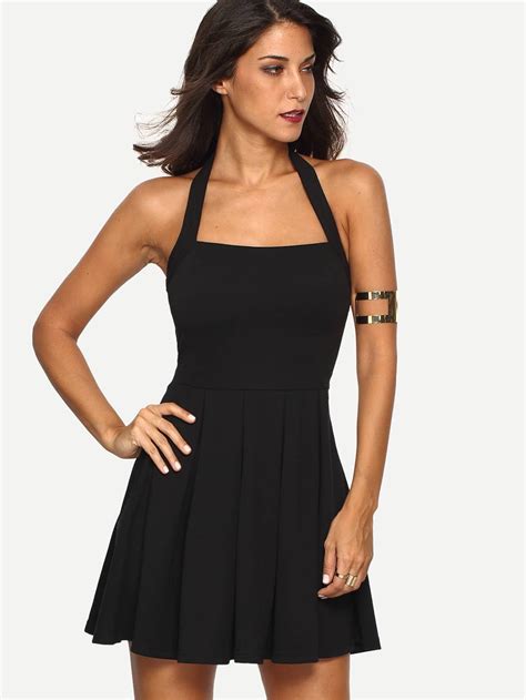 Black Halter Backless Pleated Dress Sheinsheinside