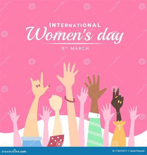 International Women Day Banner With Cute Hands Up Woman On Pink