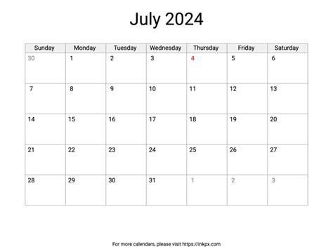 Printable July 2024 Calendar With Us Holidays · Inkpx