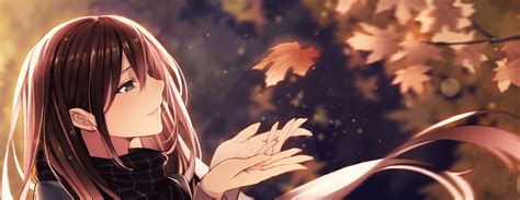 Anime Girl Welcoming The Falling Leaves Of Autumn By Pen