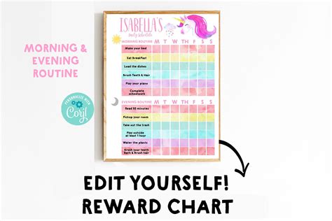 Unicorn Chore Chart Editable Rainbow Reward Chart Instant Etsy