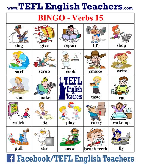 Tefl English Teachers Bingo Verbs Game Board 15 Of 20 Vocabulario En