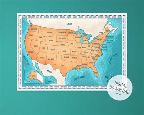 Printable United States Map Poster A2 Orange Colorway Hand Etsy