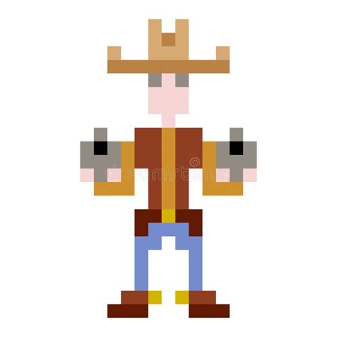 Pixel Art Cowboy Holding A Gun Gunslinger Vector Illustration Stock