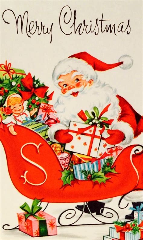 retro santa santa and sleigh santa and ts merry christmas vintage christmas card retro