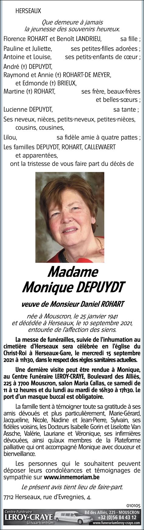 Monique DEPUYDT 10 09 2021 Avis nécrologique lavenir net