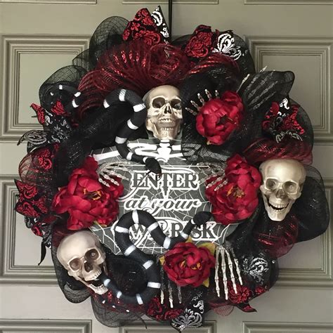 Halloween Mesh Wreath With Skulls Hands Ribbons Silk Flowers