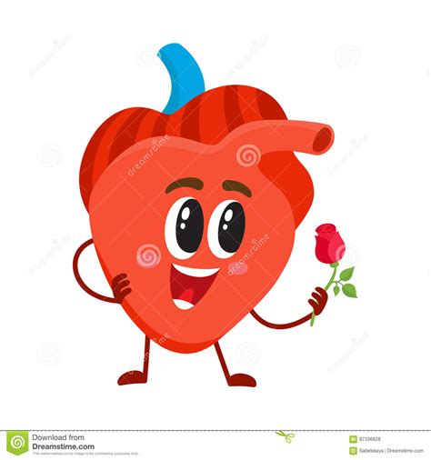 Cute And Funny Smiling Human Heart Character Holding A Rose Stock