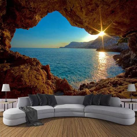 3d Cave Sunrise Ocean Wallpaper Home Design