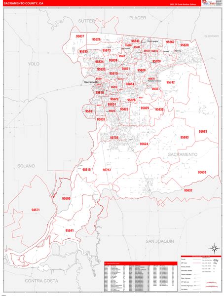 Sacramento County Ca Zip Code Wall Map Red Line Style By Marketmaps