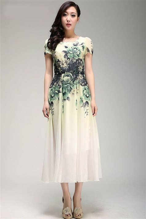 Green Floral Chiffon Dress Tea Length Dress With Short Sleeves Floral