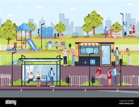 People Resting In Modern Town Semi Flat Vector Illustration Leisure In