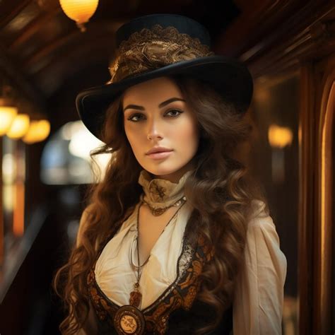 Premium AI Image Portrait Of A Beautiful Steampunk Woman And Environment
