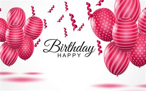 Tarjeta de felicitación de feliz cumpleaños globos de aire rosa rayado y confeti cayendo sobre