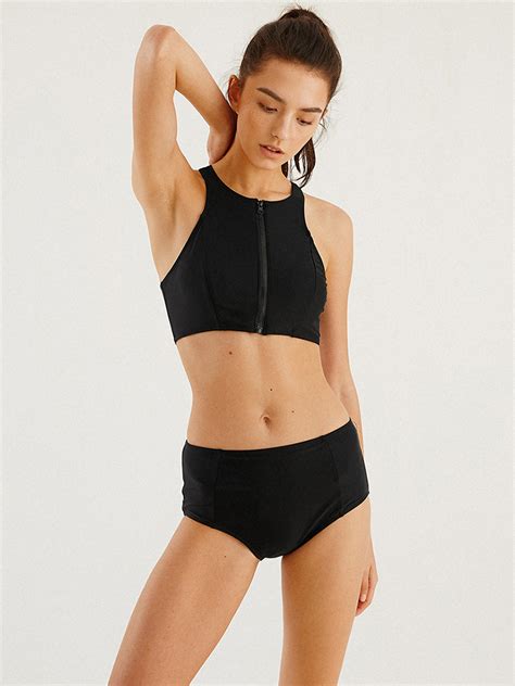 Women Zip Front High Neck Black Two Piece Sports Bikini