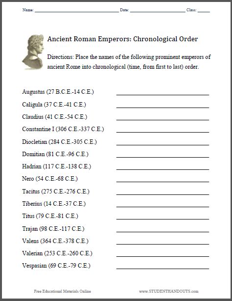 Roman Emperors Chronology Worksheet Student Handouts