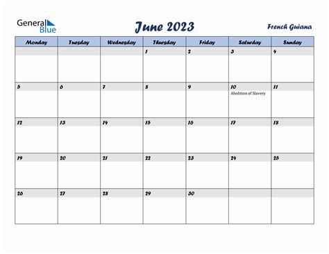 June 2023 Monthly Calendar Template With Holidays For French Guiana