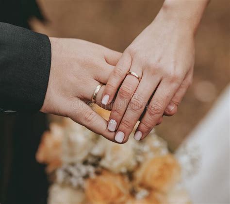 Hands Of Wedding Couple With Ring Stock Photo Image Of Newlywed