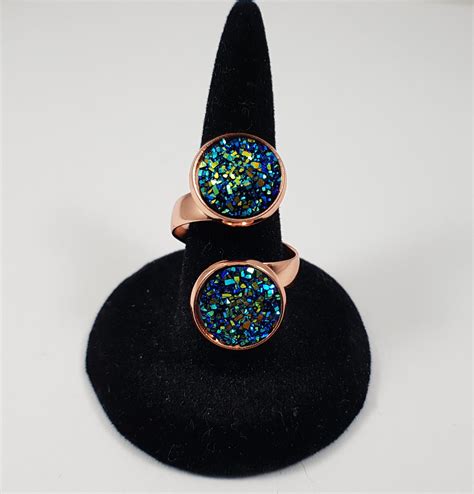 Holographic Blue Druzy Rose Gold Adjustable Ring Druzy Etsy In 2021