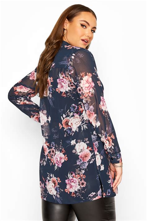 YOURS LONDON Navy Floral Print Chiffon Shirt Yours Clothing