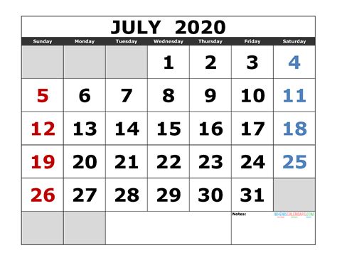 July 2020 Calendar Printable Printable World Holiday