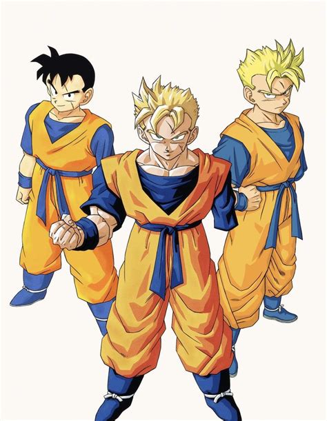 Three Young Gohan Are Standing Next To Each Other One Is Wearing Blue