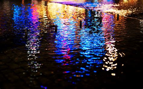 Streets Lights Wet Pavement Bokeh Reflections Wallpaper 1920x1200