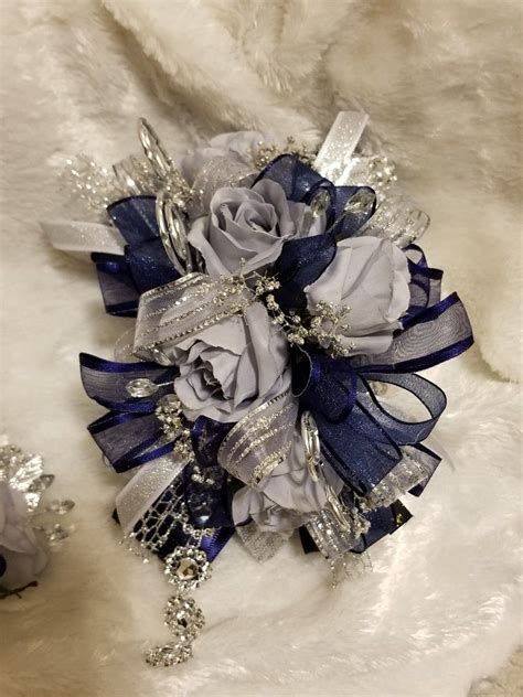 Navy Blue And Silver Prom Corsage Set From Hen House Designs