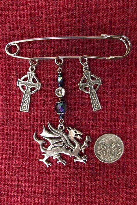 Welsh Dragon And Celtic Cross Kilt Pin Brooch Crystal Pewter Etsy