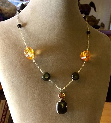 Citrine Rainbow Obsidian Shungite And Sterling Silver Pendant Necklace