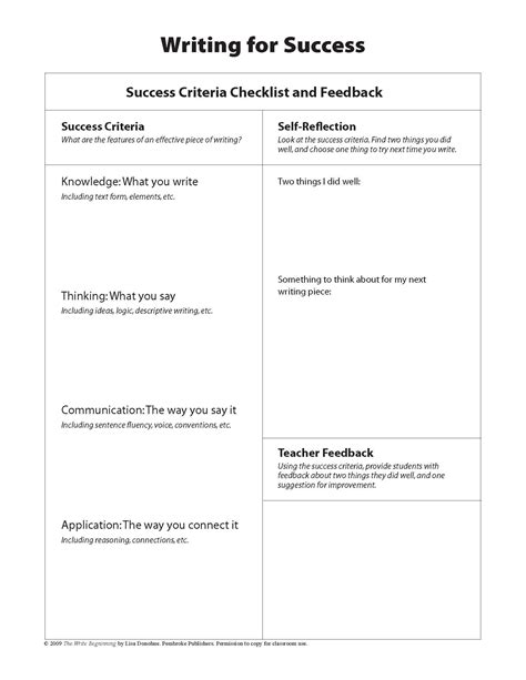 Writing For Success Criteria Checklist And Feedback Teaching Writing