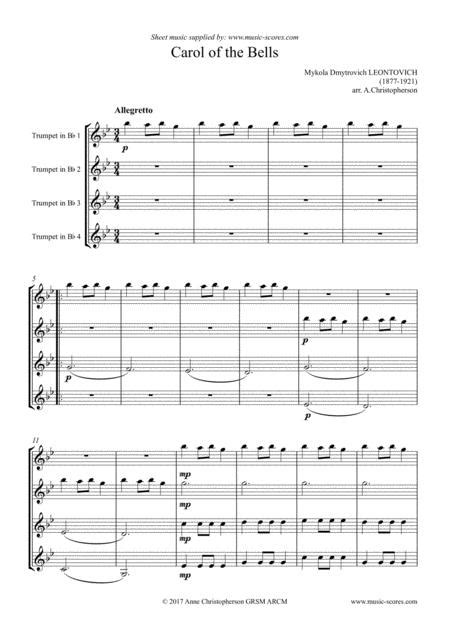 Ukrainian bell carol arranged by kirby shaw and then adapted by valter valerio. Carol Of The Bells - Trumpet Quartet By Leontovich, Mykola ...