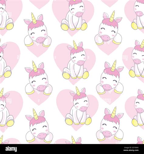 Vector Pattern With Cute Unicorns Clouds And Stars Magic Background